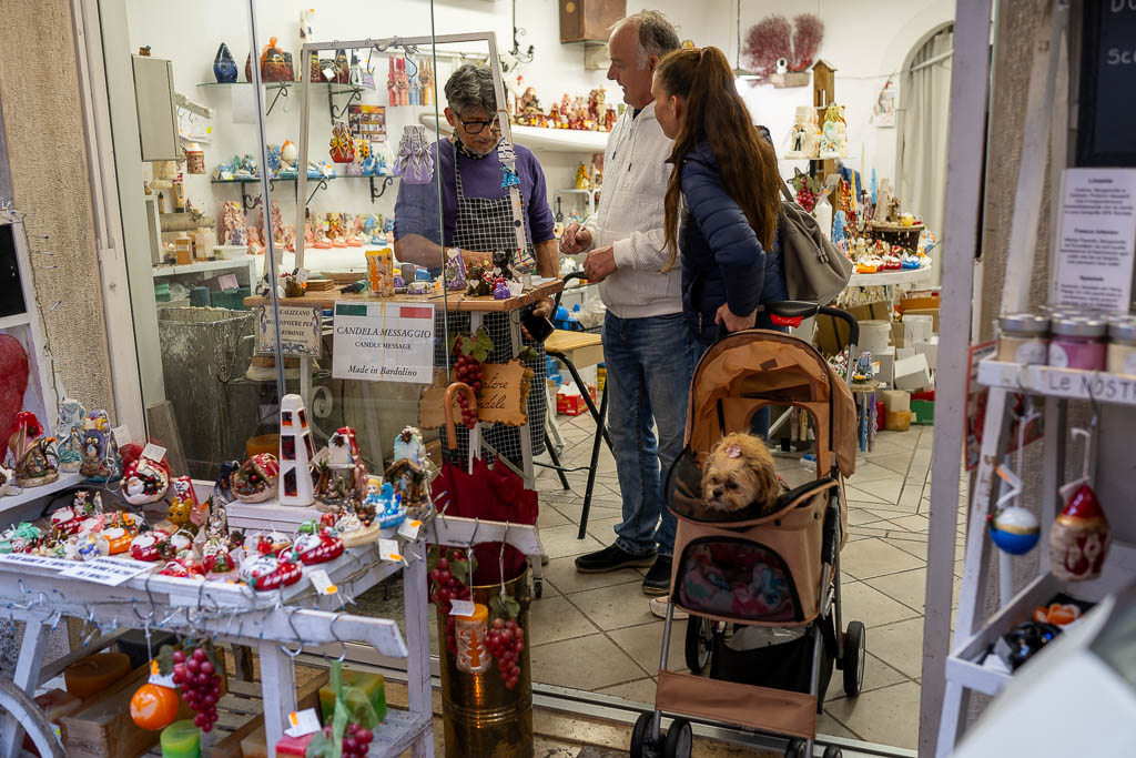 Ein Hund im Kinderwagen in einem Laden in Bardolino