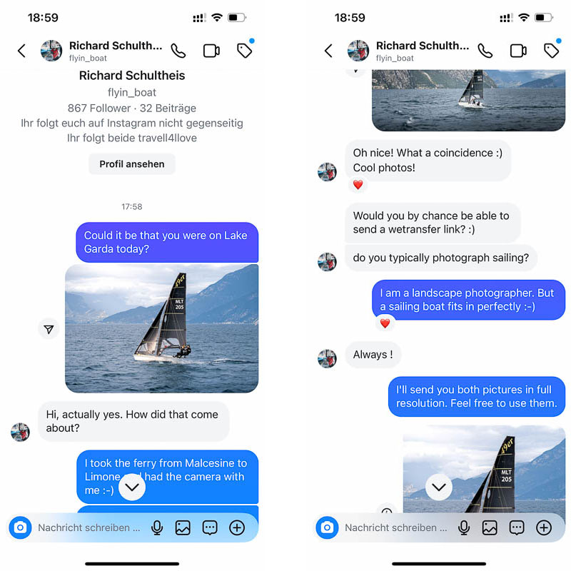 Chatverlauf mit einem Windsurfer auf Instagram