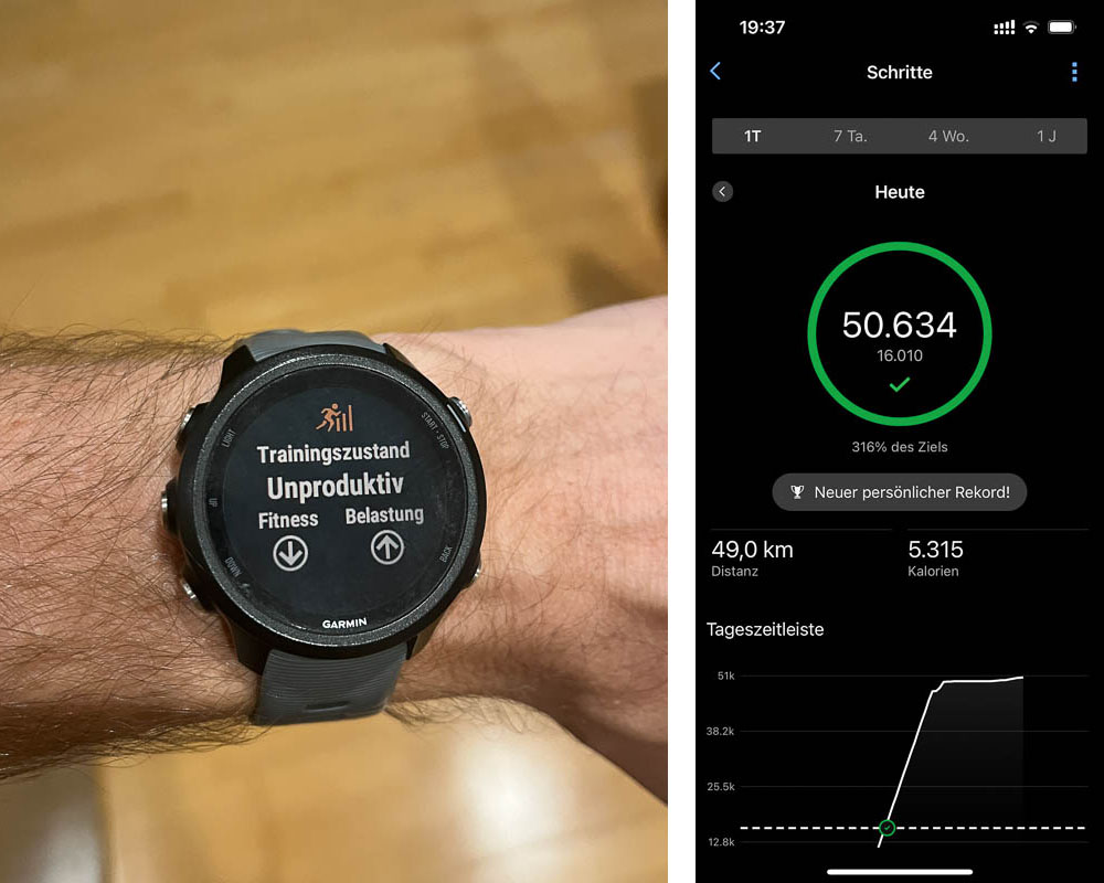 Die Garmin Forerunner zeigt nach dem Marathon den Status "Unproduktiv" an