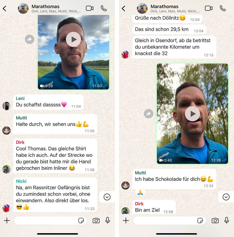 Chatverlauf während meines Marathons in der Whatsapp-Gruppe